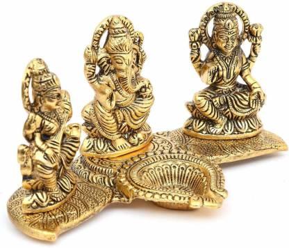 Design Gold Plated Lakshmi Ganesh Saraswati Idol with Deepak Showpiece